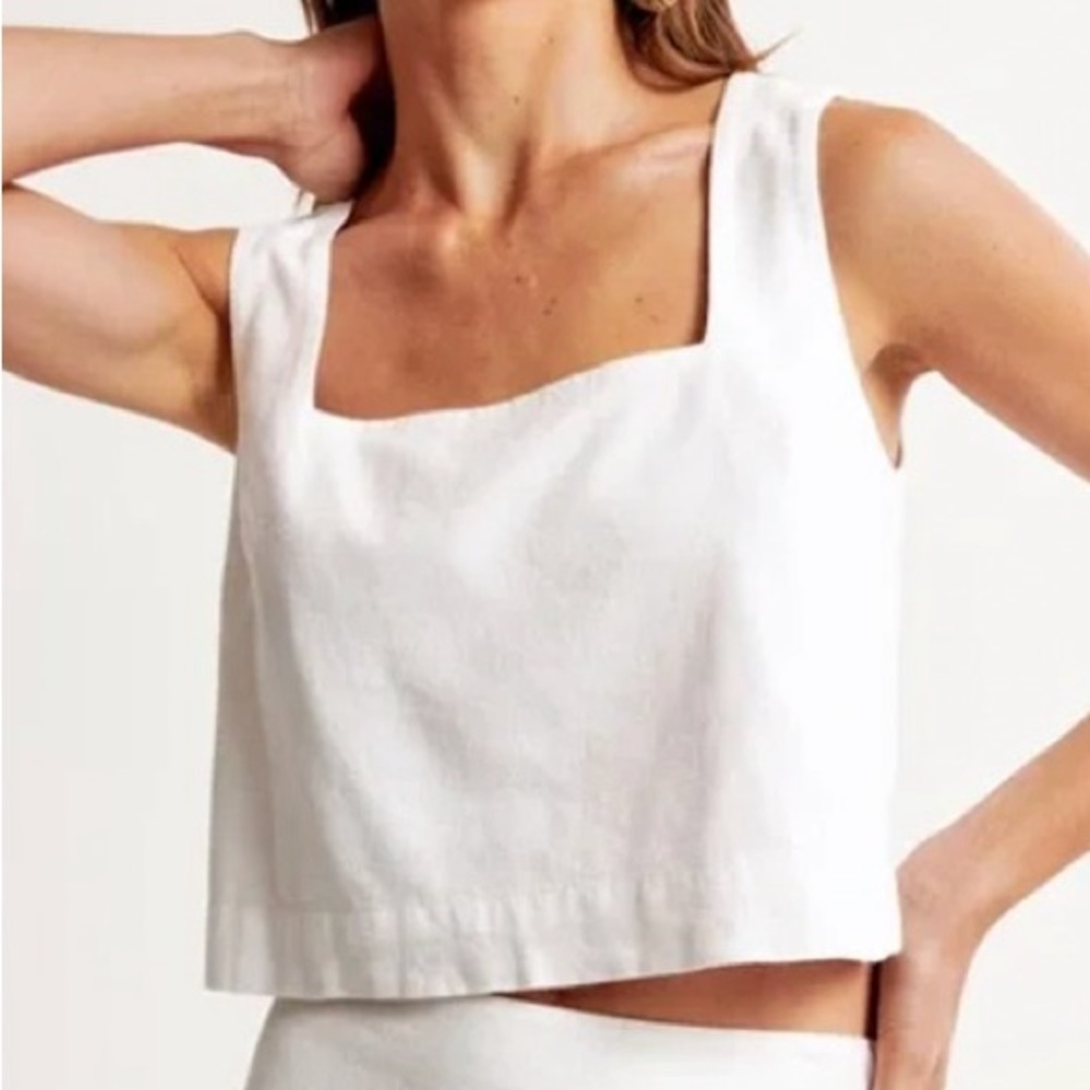 Abercrombie & Fitch Square Neck Sleeveless Cropped White Linen Tank